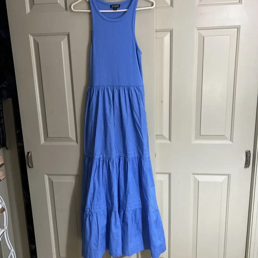 J Crew Vintage Rib High-Neck Cutaway Tank Dress with Poplin Skirt Blue Sz S